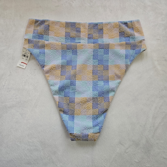 NWT Aerie Bikini Bottom Women Sz L Blue and Tan Checkered High Cut Cheeky Beach - Picture 5 of 7